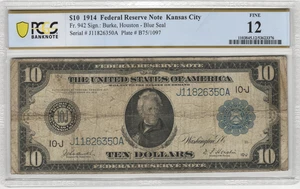Fr.942 1914 Kansas City $10 Federal Reserve Note PCGS Fine 12 - Picture 1 of 2