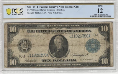 Fr.942 1914 Kansas City $10 Federal Reserve Note PCGS Fine 12 - Image 1 of 2