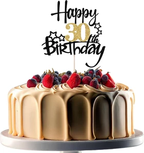 30Th Birthday Cake Toppers, Black and Gold Glitter Cake Decorations, Happy 30Th - Picture 1 of 12