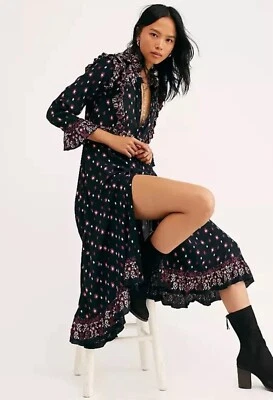 Free People Women Midi Dress Black Floral Calico Skies Cottagecore Boho Sz M New - Image 1 of 4