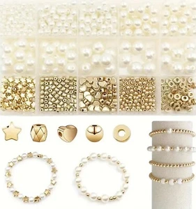 720 teiliges Perlenset für Armbänder, Bastelperlen-Set in Gold und Perlweiß - Bild 1 von 4