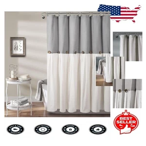 Beautiful 72" x 84" Color Block Shower Curtain - Linen & Coconut Button Detail - Picture 1 of 10