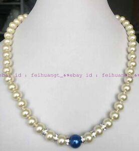 Charming White 8mm & 10mm Blue Shell Pearl Round Bead Necklace 18"