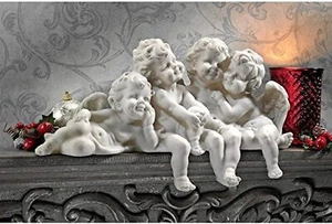 Cherub Conclave Shelf Sitting Angel Statue, Antique Stone Finish Tabletop Decor - Picture 1 of 6
