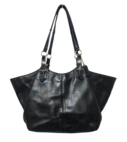 COACH Borsa a mano in morbida pelle nera burrosa con monogramma traforato m