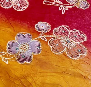 4 Pieces Remnants Floral Embroidered Silk Organza Various Sizes Red Orange Gold - Picture 1 of 7