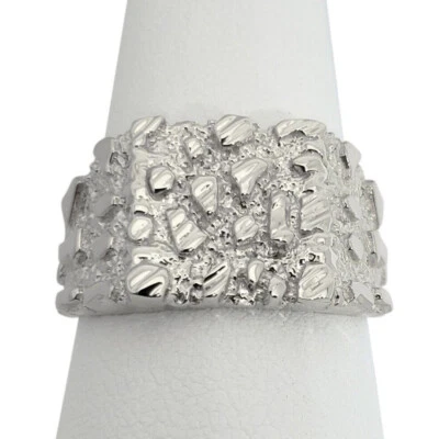 Solid 18K White Gold Large Diamond Cut Mens Nugget Ring, Size 5 - 15 - Image 1 of 4