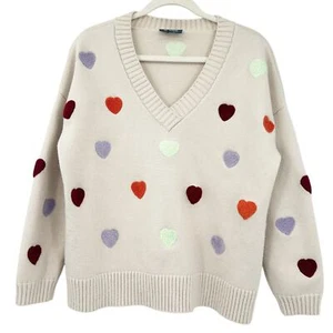 Modcloth Womens Neutral Novelty Valentines Day Heart Knit Pullover Sweater L Tan - Picture 1 of 7