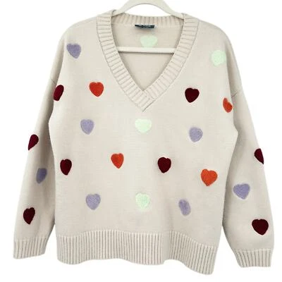 Modcloth Womens Neutral Novelty Valentines Day Heart Knit Pullover Sweater L Tan - Image 1 of 4