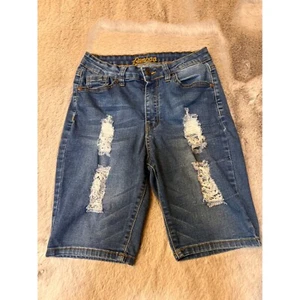 Bamboo Denim Bermuda Shorts Distressed Ripped Stretch Blue Girls Size 9 - Picture 1 of 12