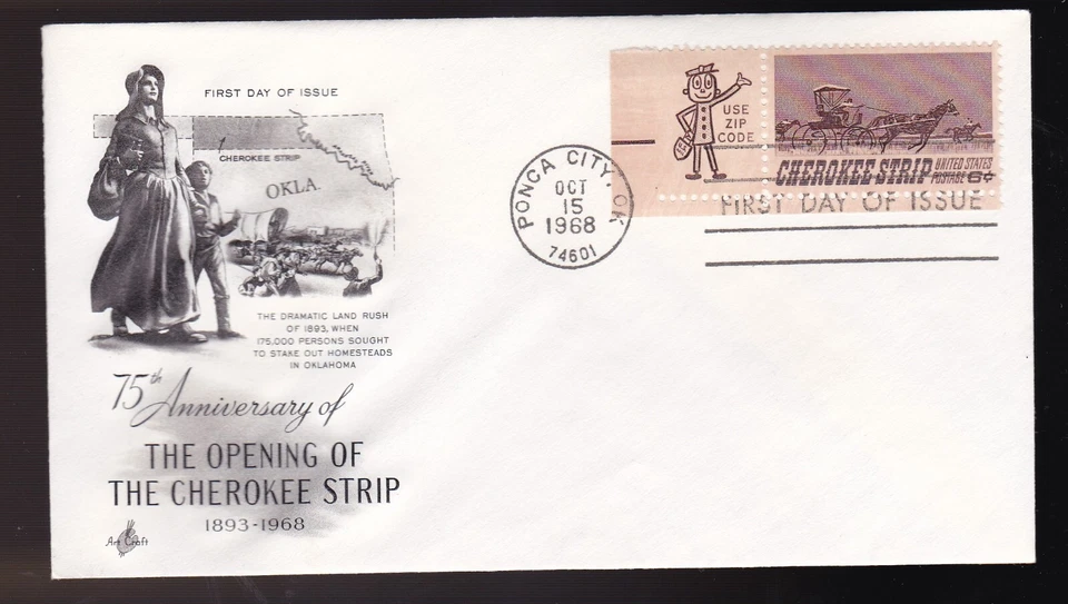 CHEROKEE STRIP #1360 US FIRST DAY COVER 1968 ART CRAFT  CACHET FDC MR ZIP - Image 1 of 1