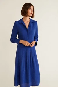 MANGO SUIT Snake Print Shirt Dress XS Blue Pleated A Line Midi Flowy Long Sleeve - Picture 1 of 7