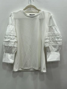 Gracia Damen Rüschen Puffärmel Spitzendetail Top Bluse Shirt weiß Größe Large - Bild 1 von 9