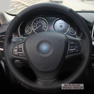 Black Genuine Leather Black Suede Car Steering Wheel Cover for BMW X3 2014 X5 - Picture 1 of 10