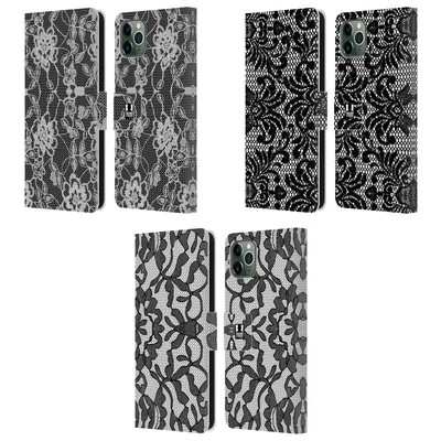 HEAD CASE DESIGNS BLACK LACE LEATHER BOOK WALLET CASE FOR APPLE iPHONE PHONES - Image 1 of 4