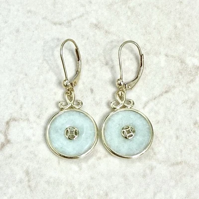 Pendientes colgantes de jadeíta china con dinero antiguo de 14K - Pendientes de jadeíta de oro amarillo de 14K Foto 1 de 4