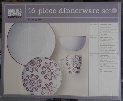 Juego de vajilla de porcelana (medallón rosa) Martha Stewart (MSE) 16 piezas - Nuevo en caja Foto 1 de 4