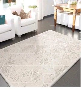200cm X 160 Living Room Rug Geometric Design Short Pile Bedroom Rug Ivory - Picture 1 of 15