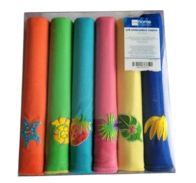 Vintage Jc Penny Cloth Embroidered Napkin Set Multicolors 6 New In Box - Image 1 of 4
