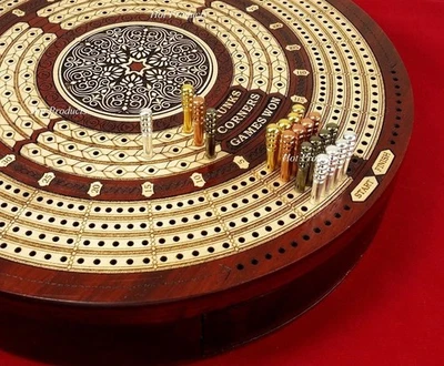 4 TRACK ROUND Continuous Cribbage Board Metal Pegs BLOODWOOD Skunks & Corners - Image 1 of 4