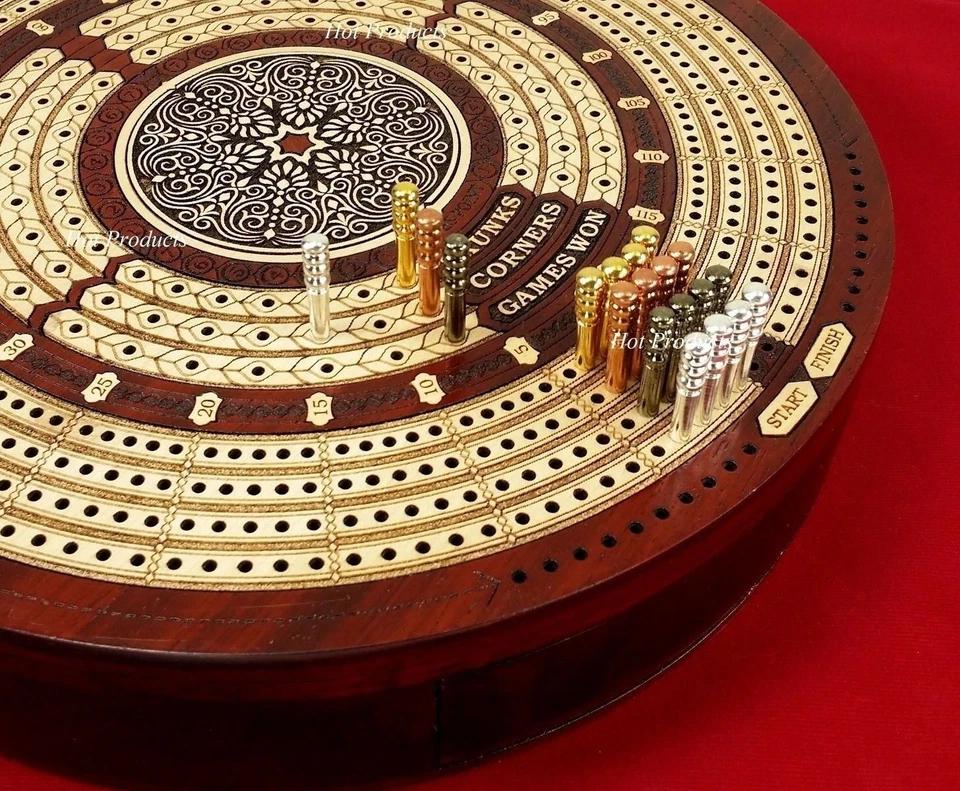 4 TRACK ROUND Continuous Cribbage Board Metal Pegs BLOODWOOD Skunks & Corners - Image 1 of 4