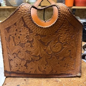 VTG Hand Tooled Floral Brown Leather Shoulder Bag Flowers Purse For Repair Damag - Picture 1 of 15