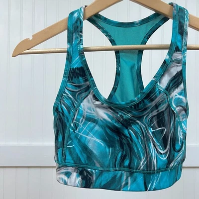 Calvin Klein Teal & White Abstract Print Racerback Sports Bra Activewear Workout - Image 1 of 4