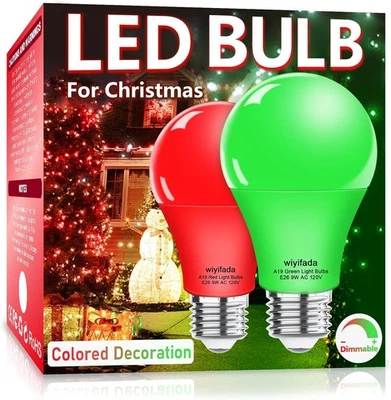 WIYIFADA 2 Pack A19 LED Red Green Light Bulbs,9W Christmas 2 Pack, Red+green