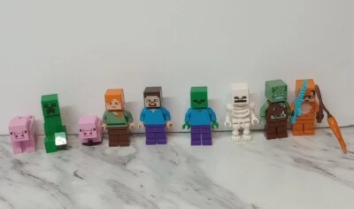 LEGO LOTE DE 9 MINIFIGURAS MINECRAFT Steve, Alex, Zombi, Esqueleto, Ahogado, 2 Cerdos Foto 1 de 4