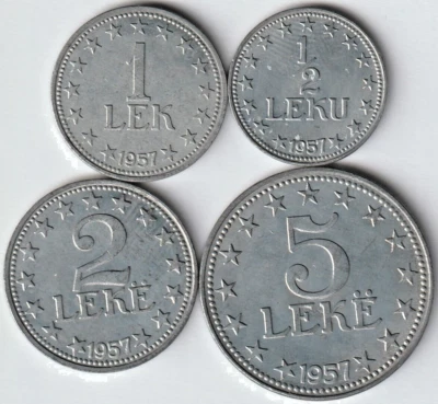 Albania Albanie Albanien 1957 UNC VERY RARE Set 4 Lek pcs 1+1/2+2+5 Zinc Coins - Image 1 of 2