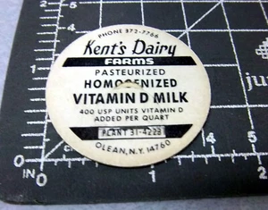 Milk Bottle Cap from Kents Dairy Farms, Olean New York, Vitamin D Milk - Picture 1 of 1
