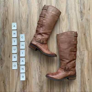 ARTURO CHIANG Brown Leather Tall Heeled Boots Riding Size 7 Stacked Heel - Picture 1 of 11