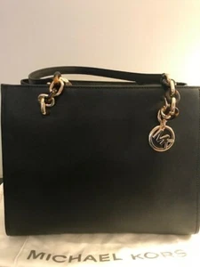 Michael Kors Large Black Leather Tote NWT Gold Chain/Gold MK Tag & Silk Dust Bag - Picture 1 of 6