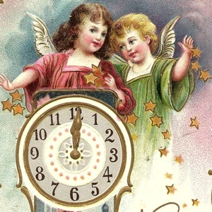 c.1908 New Year Clock Tower Midnight Postcard Angels Snowy Town Gold Stars Wings - Picture 1 of 3