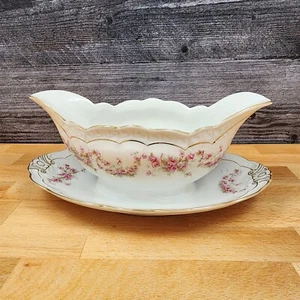ZSC41 Gravy Boat with Underplate Scalloped, Pink Roses White by ZS & Co Scherzer - Picture 1 of 3