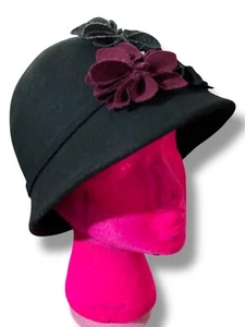 Scala Pronto Cloche Black Hat w/ Band & Flowers One Size - Picture 1 of 6