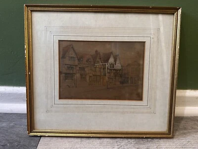 An original 1850s hand water  paint, old house View with street          - Image 1 of 4