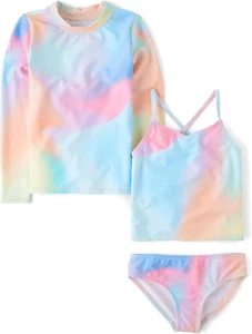 Girls' Standard Long Sleeve Rashguard and Tankini Swimsuit, 3 Piece Set - Picture 1 of 12