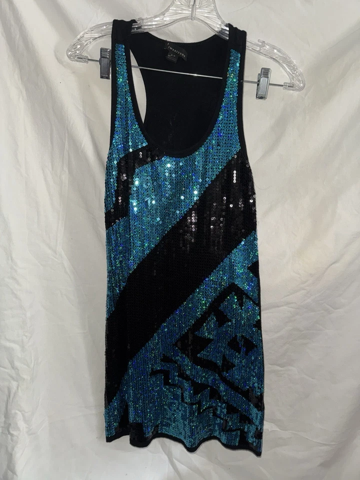 Mini Vestido Túnica Vintage Y2K Lentejuelas Negro y Azul Talla Pequeña Salir Top Foto 1 de 3