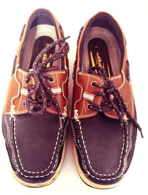 Thom McAn Mens Leather Boat Shoes 8.5 Blue Brown White Sole Tie Arch Stabilizer - Image 1 of 4