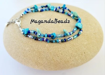 Handmade Boho Artisan Howlite Turquoise & Seed Beads Bracelet (7.50") - Image 1 of 3