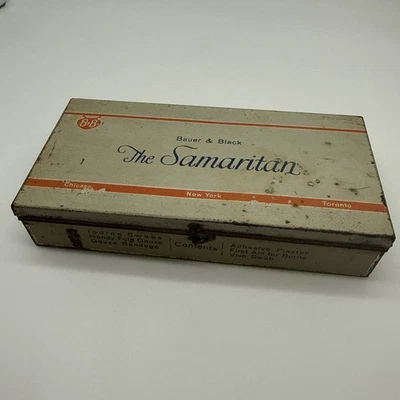 Vintage Samaritan First Aid Kit  Bauer & Black , Stocked TIN - Image 1 of 4