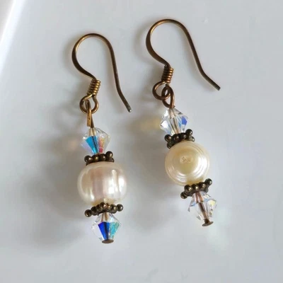 Винтажные висячие серьги с пресноводным картофелем жемчугом и кристаллами AB 1,5 дюйма с медными крючками - Изображение 1 из 4