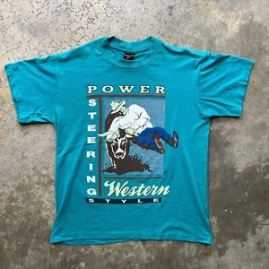 Vintage Bull Riding 8 Seconds Power Steering Western Style Cowboy Rodeo T Shirt - Picture 1 of 13