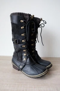 A+ Sorel Conquest Carly Tall Boot Black 8 Snow Lace Up Waterproof Joan Arctic - Picture 1 of 9
