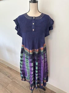 Batik Rosita Cotton Tie Dye Dress midi Purple Multicolor SZ L - Foto 1 di 7