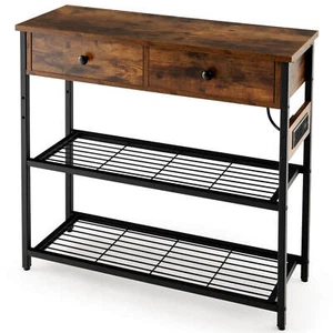 Entryway Table with Charging Station Narrow Console Table w/ 2 Drawers Brown - Picture 1 of 9
