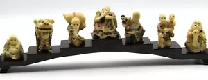 JAPANESE HAND CARVED & PAINTED RESIN SIGNED NETSUKE MINIATURE FIGURES - SET OF 7 - Picture 1 of 13