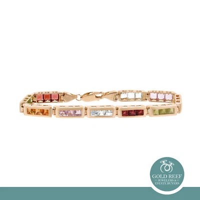 Multi Gemstone Link Bracelet 14K Yellow Gold 4.56 CTW Square Gems 7.5" - Image 1 of 4