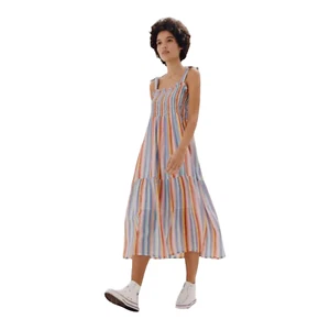 Catalia Striped Midi Dress Size Large 14 16 Lined Shirred Becksondergaard - Picture 1 of 22